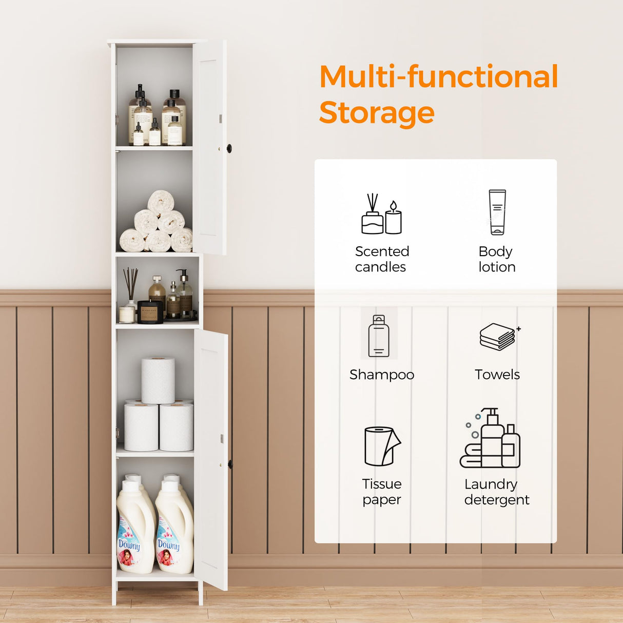 Homleke Tall Bathroom Storage Cabinet with 2 Doors, 67"H Narrow Storage Cabinet with Adjustable Shelves& Anti-Tip Design, Reversible Door Installation, Easy Assembly, 11.8 x 11.8 x 66.9 Inches, White Homleke