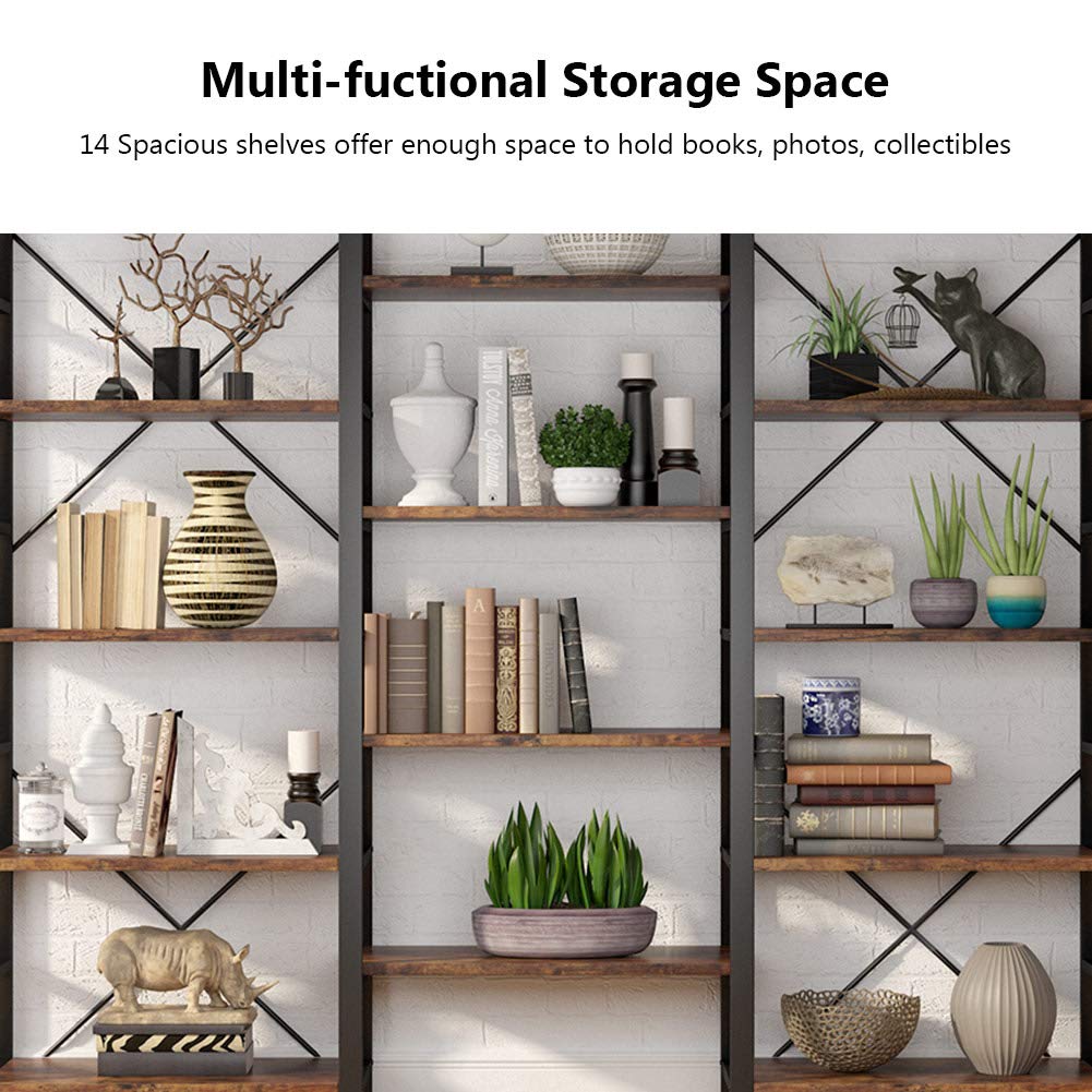 Tribesigns Vintage Brown Triple Wide 5-Shelf Etagere Bookcase - Industrial Style Wood and Metal Bookshelf for Home & Office Tribesigns