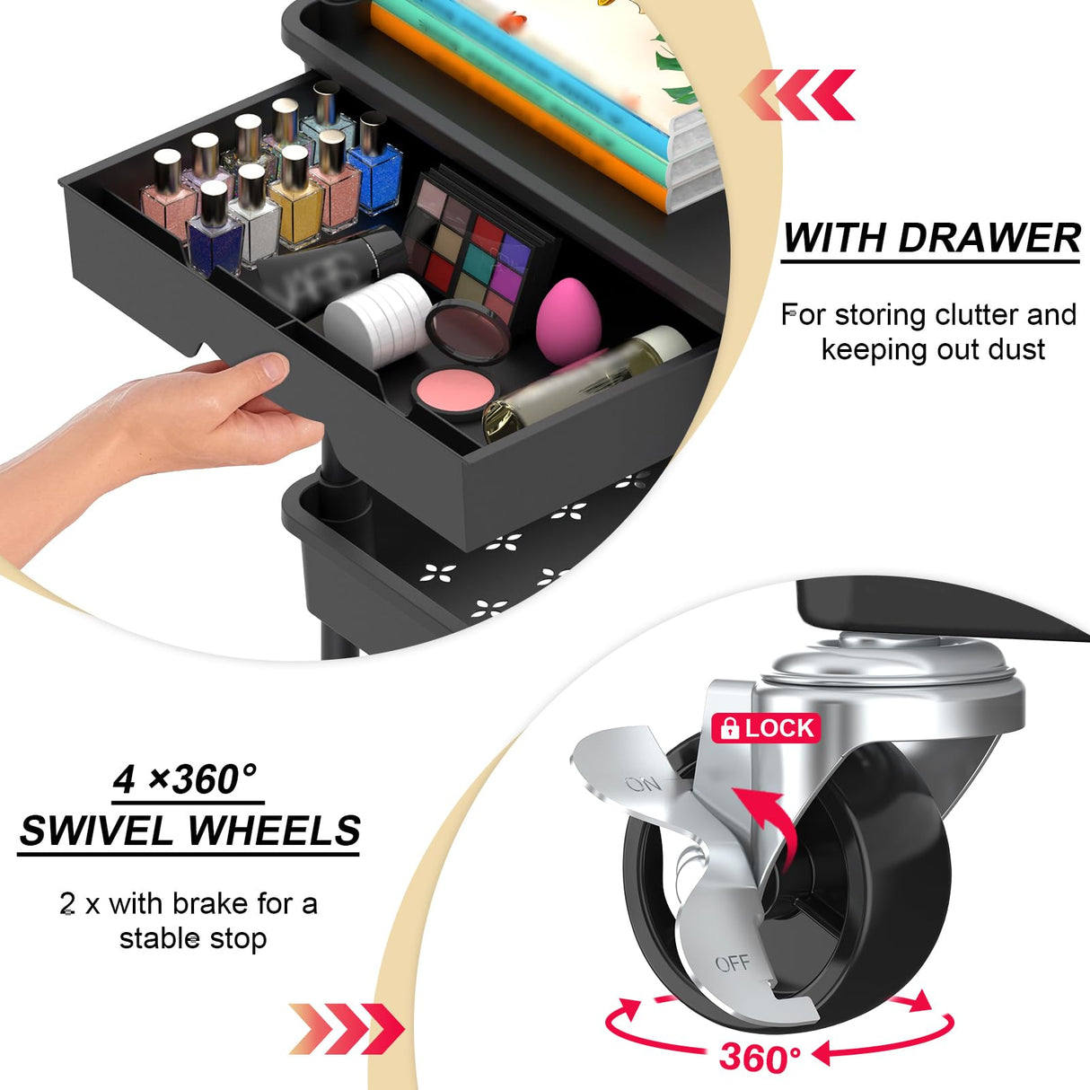 Goovilla 3 Tier Rolling Utility Cart Organizer with Removable Drawer, Stable and Sturdy Black Rolling Storage Carts with 2 Lockable Wheels for Bathroom, Kitchen, Snack, Craft, Makeup, Baby Essentials Goovilla