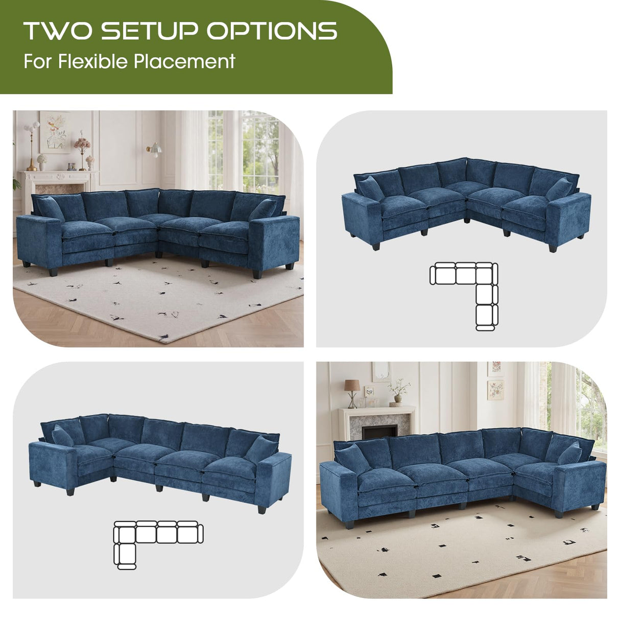 EYBCT 97" L Shaped Couch Corner Sofa, 5 Seater Oversized Cloud Couch with 2 Pillows Chenille Modular Sectional Sofa Armrests with Two Hidden Storage Space Sectional Couches for Living Room Dark Blue EYBCT
