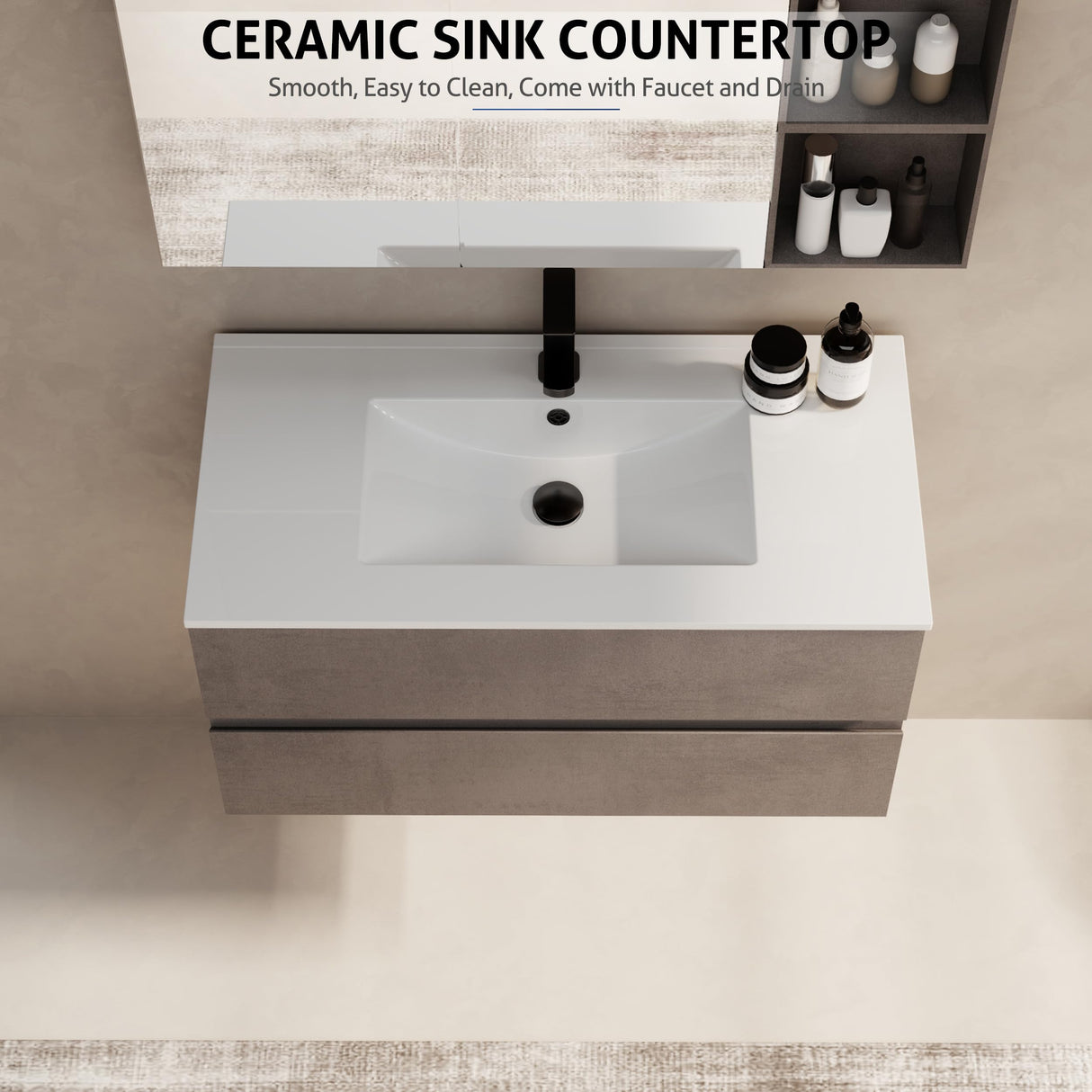eclife 36" Wall Mounted Bathroom Vanity with Sink Combo Set, Floating Bathroom Storage Cabinet w/Bevelled Invisible Handles, 2 Drawers, Ceramic Sink & Black Faucet, Cement Grey eclife