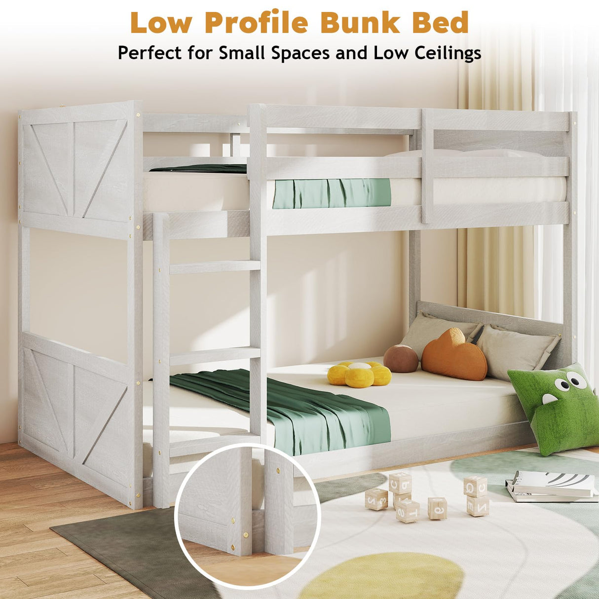 Zevemomo Low Twin Over Twin Bunk Bed, Solid Rubberwood Bed Frame with Built-in Ladder, Floor Bunk Bed, Wooden Bed for Small Spaces, Bedroom, Space Saving, No Box Spring Needed, White Zevemomo