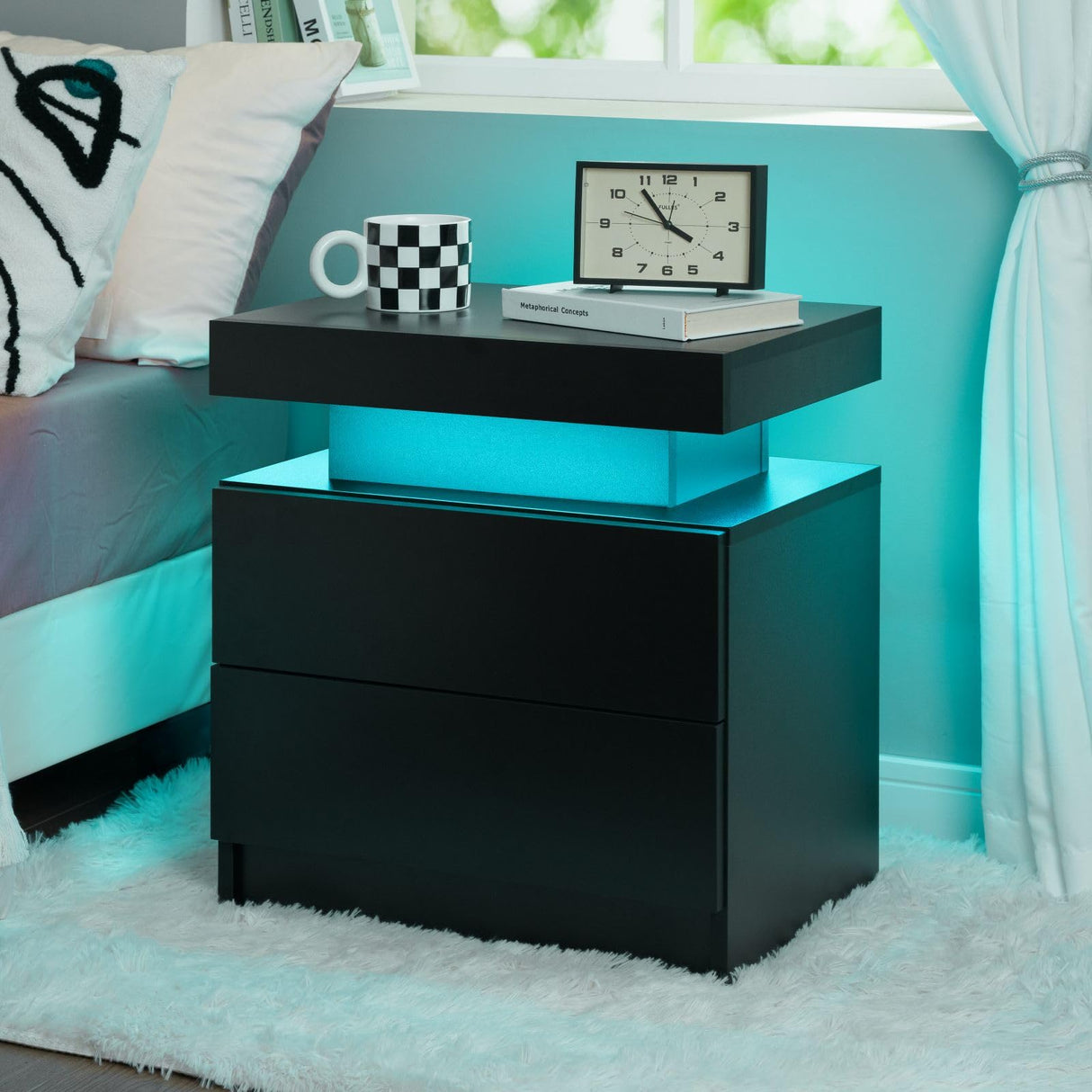 i-aplus Nightstand Set of 2 LED Nightstand with 2 Drawers, Bedside Table with Drawers for Bedroom Furniture, Side Bed Table with LED Light, Black i-aplus