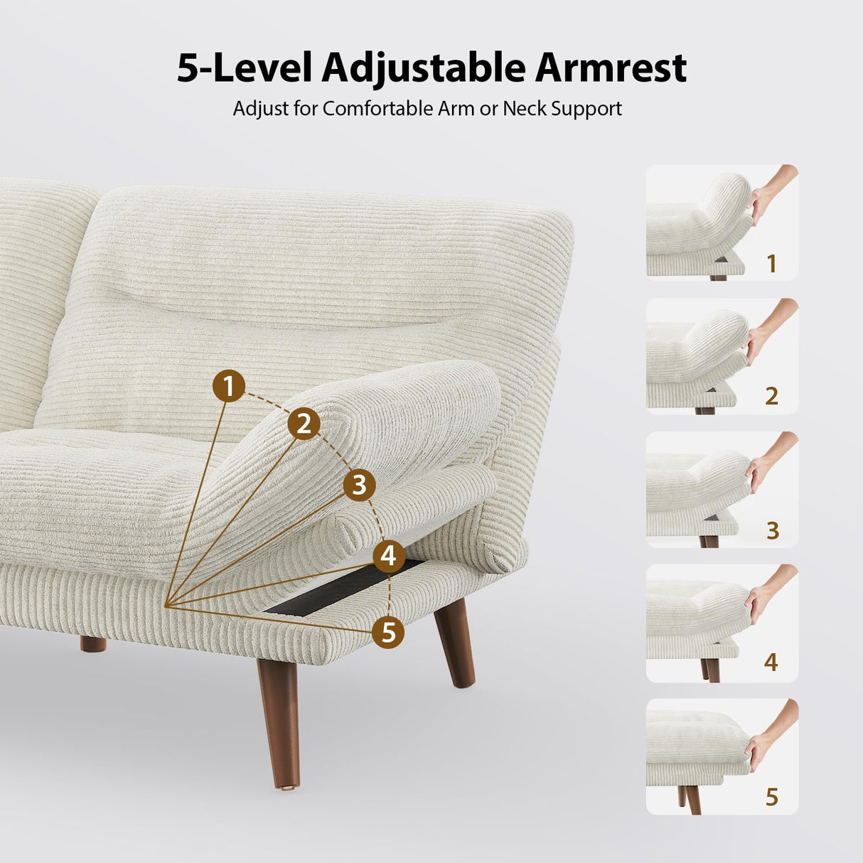 Pipishell Convertible Futon Sofa Couch, Corduroy Futon with Adjustable Backrest and Armrests, Futon Sofa Bed for Small Apartments, Living Room or Office(White) Pipishell