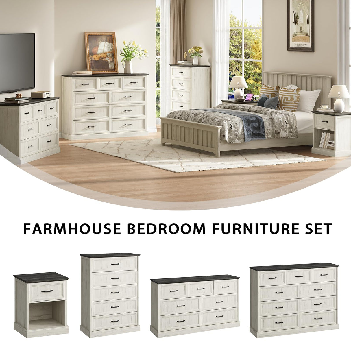 Farmhouse 9 Drawer Dresser for Bedroom, 55 Inch Wide Modern White Dresser TV Stand with Large Drawers & Bar Handles, Rustic Wood Chest of Drawers for Bedroom, Living Room, Hallway, Entryway. CARPETNAL