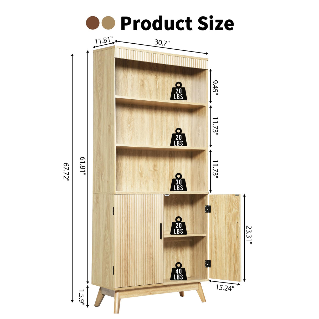 68" Fluted Tall Bookcase with Storage Cabinet,Mid-Century Modern 5-Tiers Arched Bookshelf Cabinet with Doors,Arched Bookcase with Open Display Storage Shelf for Home Office Bedroom Living Room,Natural XUZENEST