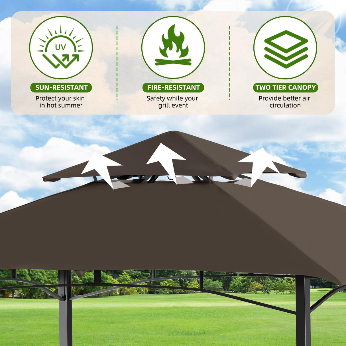 Patiomore Grill Gazebo Canopy, 8'x 5'Outdoor Double Tiered BBQ Gazebo Canopy Tent w/Air Vent, Tent Hardtop Sun Shade Shelter for Outdoor Patio, Backyard, Deck (Brown) Patiomore
