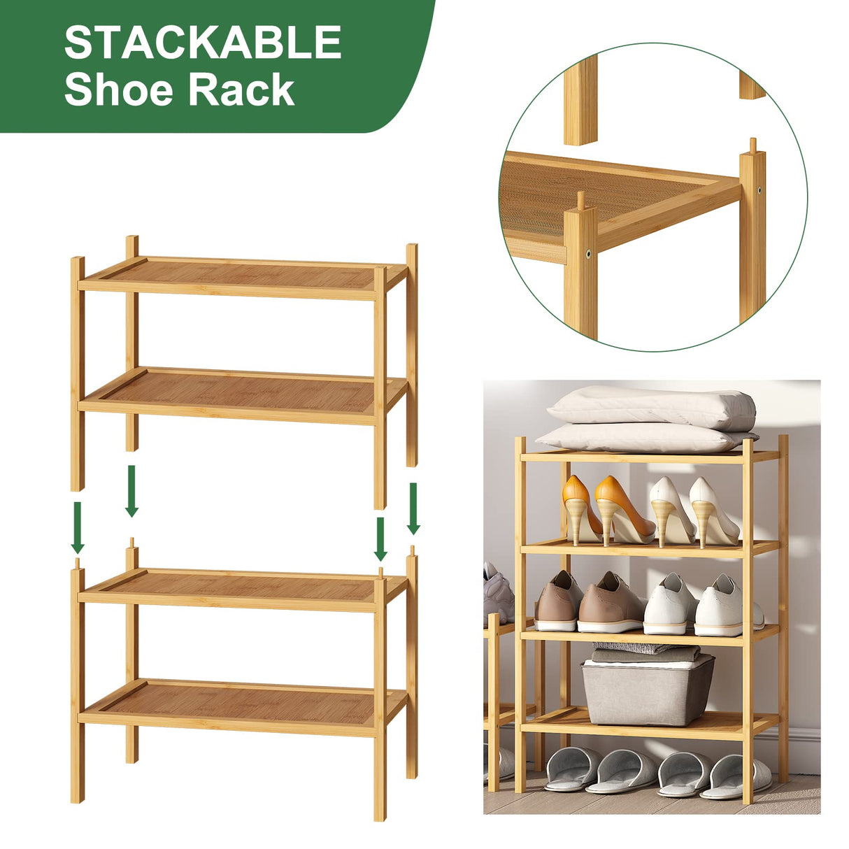 kiplant Small Shoe Rack, 2-Tier Bamboo Wood Shoe Rack for Entryway, Stackable Shoe Organizer for Hallway Closet, Free Standing Shoe Racks for Indoor & Outdoor kiplant