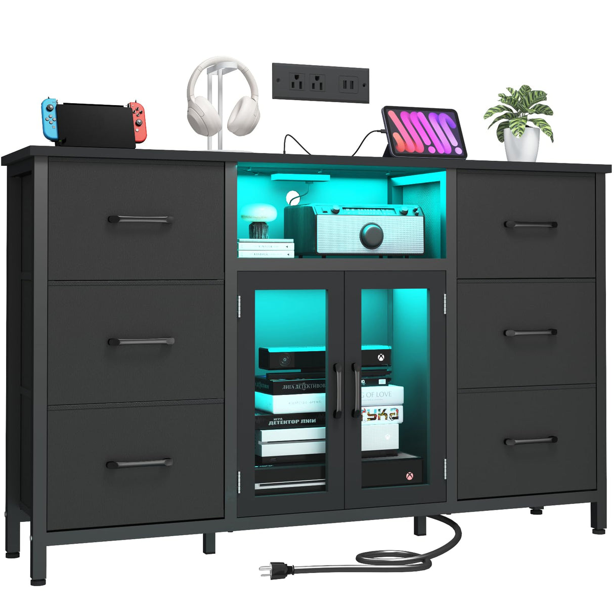 FFBCFDK Dresser for Bedroom with Charging Station & LED Light, Black 6 Drawer Dresser with Adjustable Feet, Wide Anti-Tip TV Stand for 60" TV, Fabric Chest of Drawer Storage Organizer for Living Room FFBCFDK