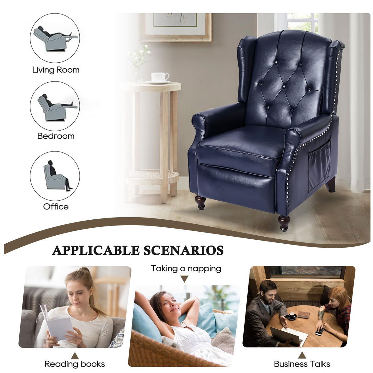 PALLOME Wingback Recliner Chair with Massage and Heat PU Leather Push Back Arm Chair, Recliner Chair for Living Room Bedroom Home Theater (2,Navy Blue) PALLOME