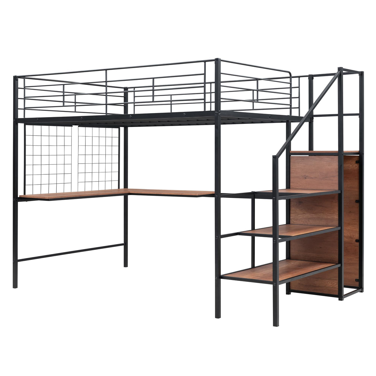Full Size Loft Bed with Desk and Storage Wardrobe, Heavy Duty Loft Bed with Stairs and Metal Grid, Full Size Loft Bed for Kids, Girls, Boys, No Box Spring Needed (Black Wardrobe, Full) Bellemave