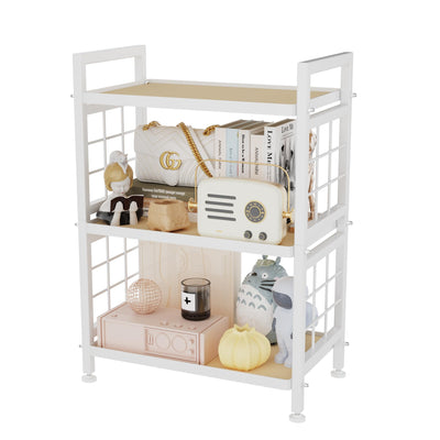 GIOTORENT 3-Tier Pantry Shelves with Wooden Boards, Heavy Duty Storage Shelves & Book Shelf, Adjustable Metal Shelving Unit for Kitchen Bathroom Laundry Organizer, Sturdy Rust-Resistant, White