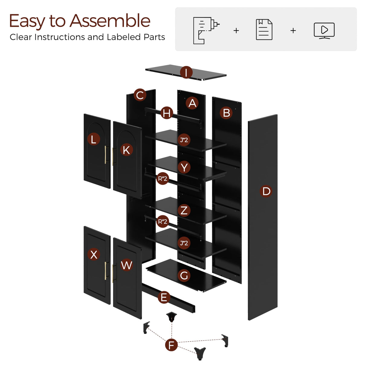 Kubohogar 75" Tall Kitchen Pantry Storage Cabinet, Metal Storage Cabinets with 4 Doors and Adjustable Shelves, Black Kitchen Hutch Cabinet with Microwave Stand, Large Cupboard for Dining Living Room Kubohogar