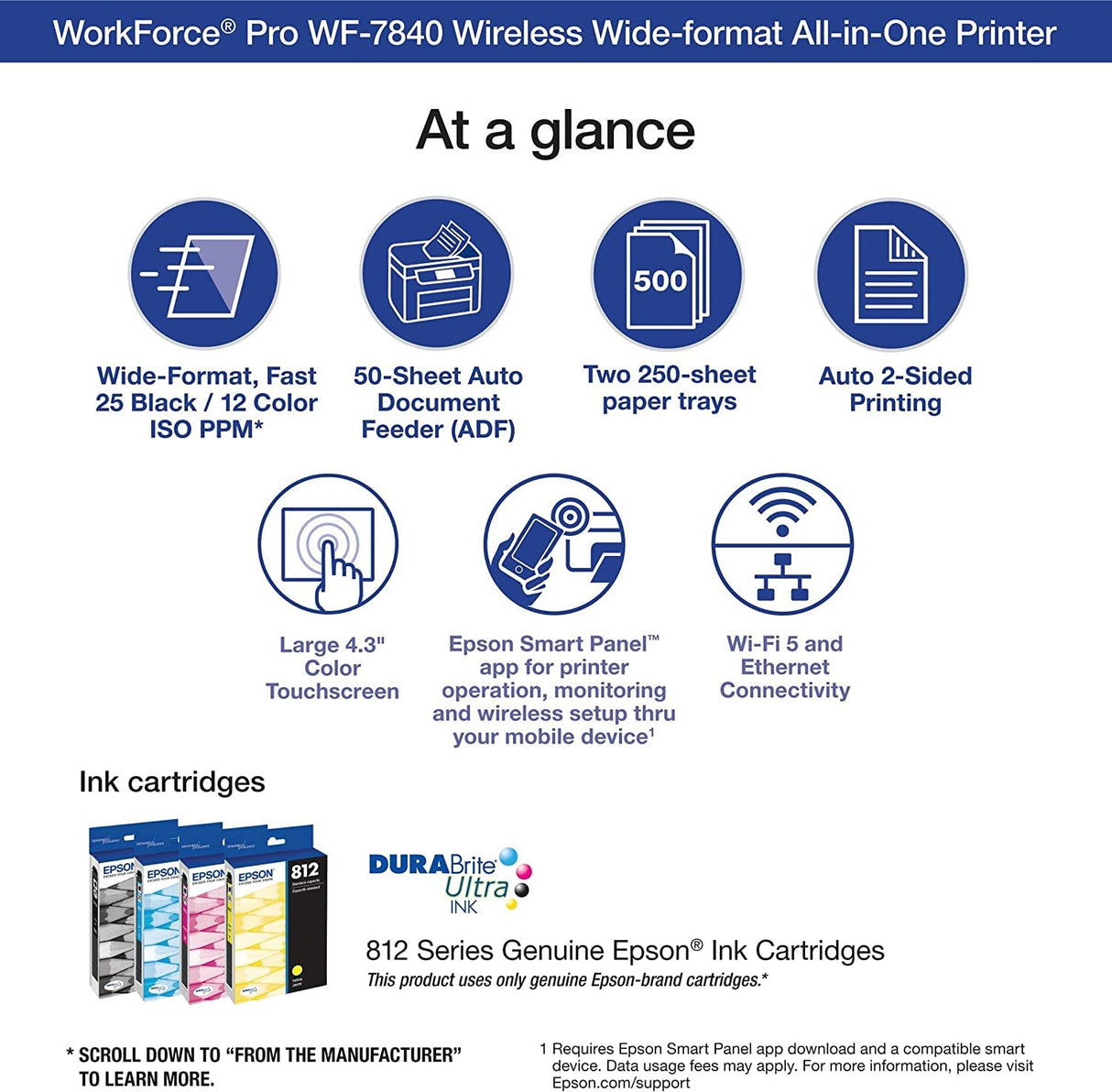 Epson Workforce Pro WF-7840 Wireless Wide-Format All-in-One Color Inkjet Printer - Print Scan Copy Fax - 4.3" LCD, 25 ppm, 4800 x 2400 dpi, 13" x 19", 50-Sheet ADF, Auto 2-Sided Printing, Ethernet Epson
