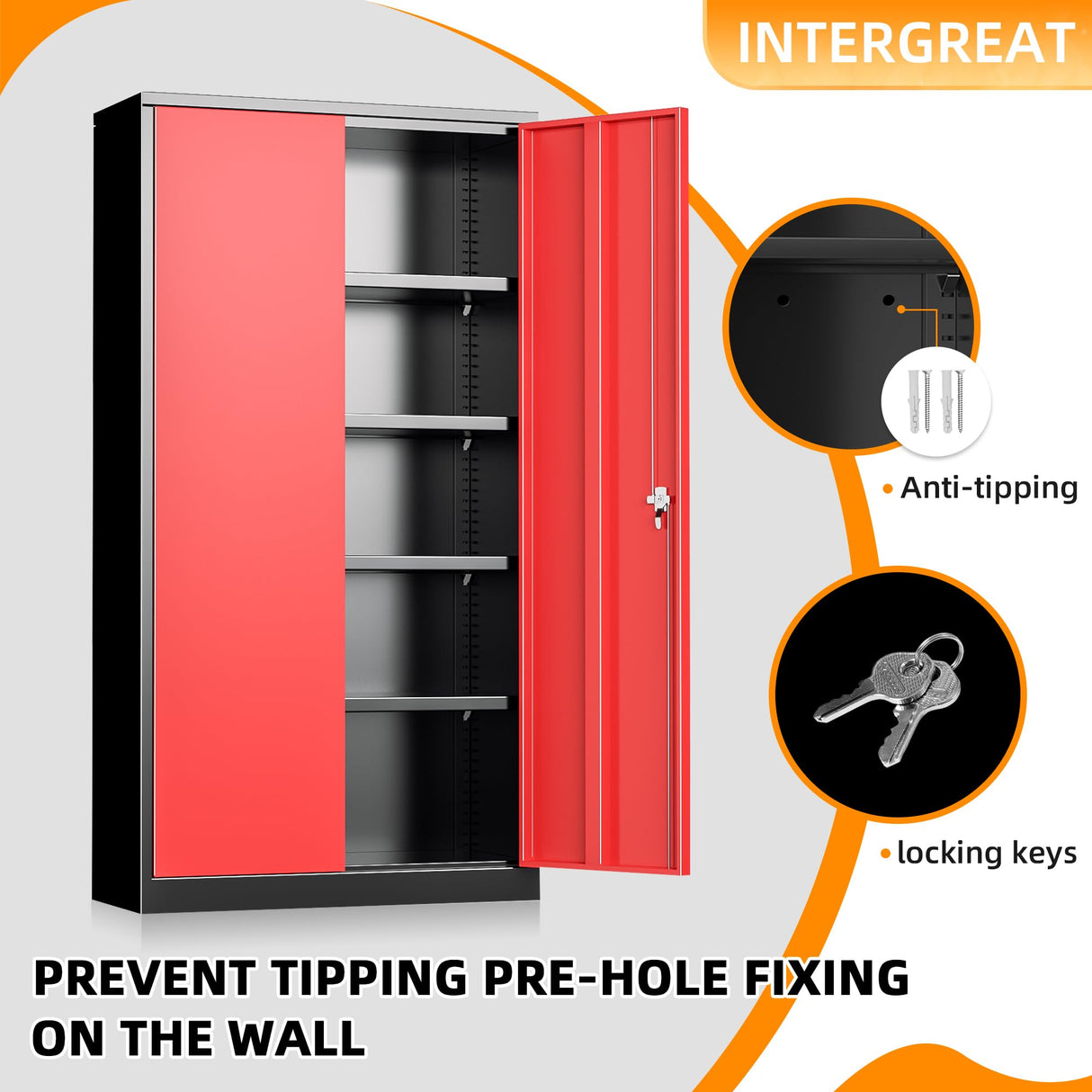 INTERGREAT Storage Cabinet, 72” Black Red Garage Steel Locking Cabinet with Doors and 4 Adjustable Shelves, Tall Lockable File &Tool Cabinet for Home Office, Metal Classroom Cabinet Basement INTERGREAT