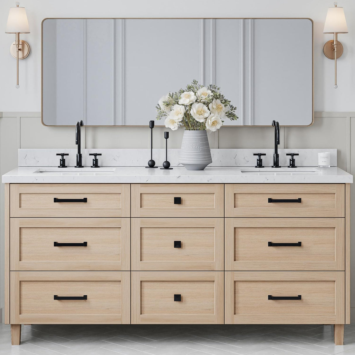 ARIEL Monroe 72 inch Double Bathroom Vanity with Sink in White Oak, 1.5" Edge Carrara White Quartz Countertop and Backsplash, Rectangle Sink, Soft Closing Doors, Dovetail Drawers, Matte Black ARIEL