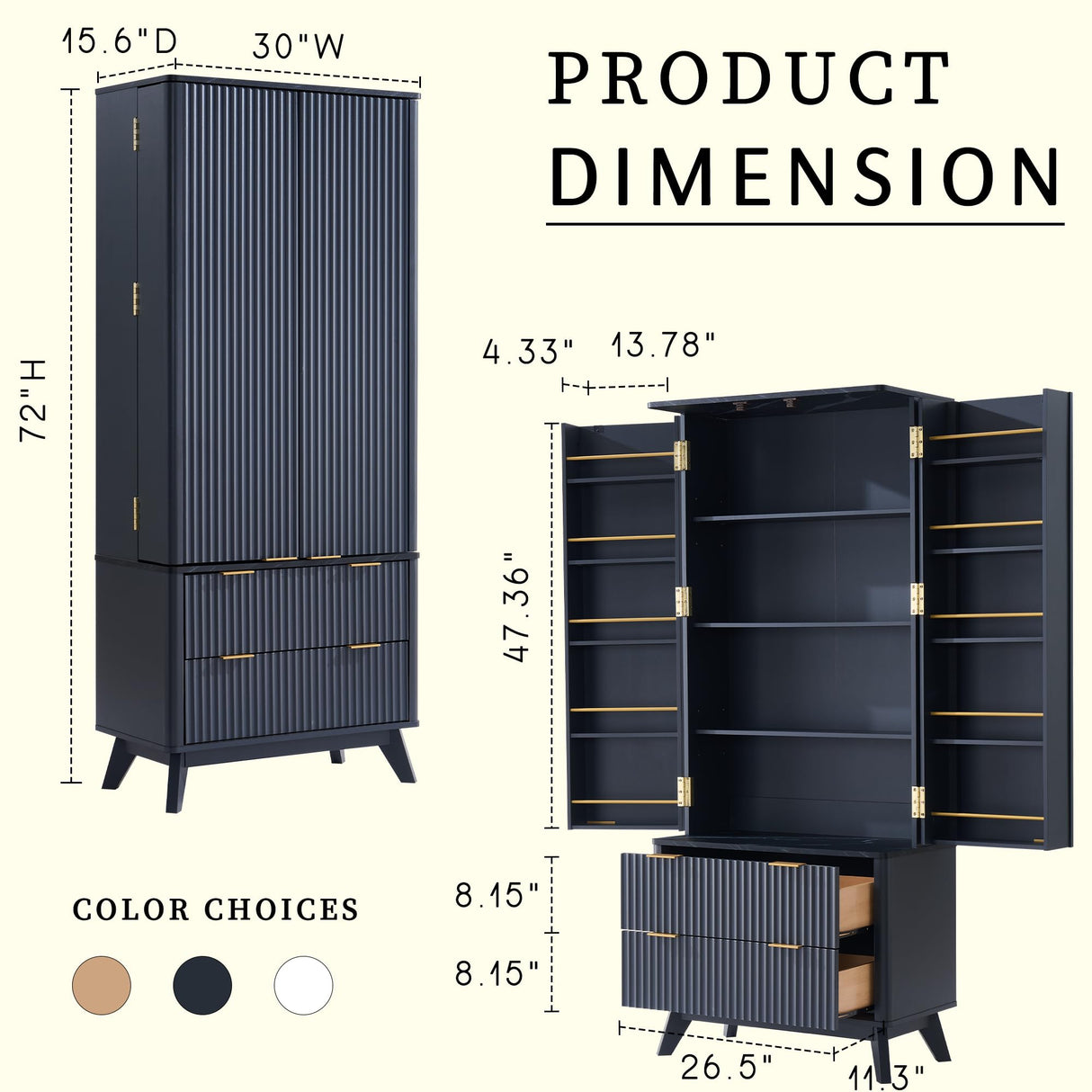 OKD 72" Pantry Cabinet, Fluted Modern Kitchen Hutch, Tall Storage Cabinet with 10 Door Shelves & 2 Drawers, Wood Cupboard for Kitchen & Living Room, Dark Grey OKD