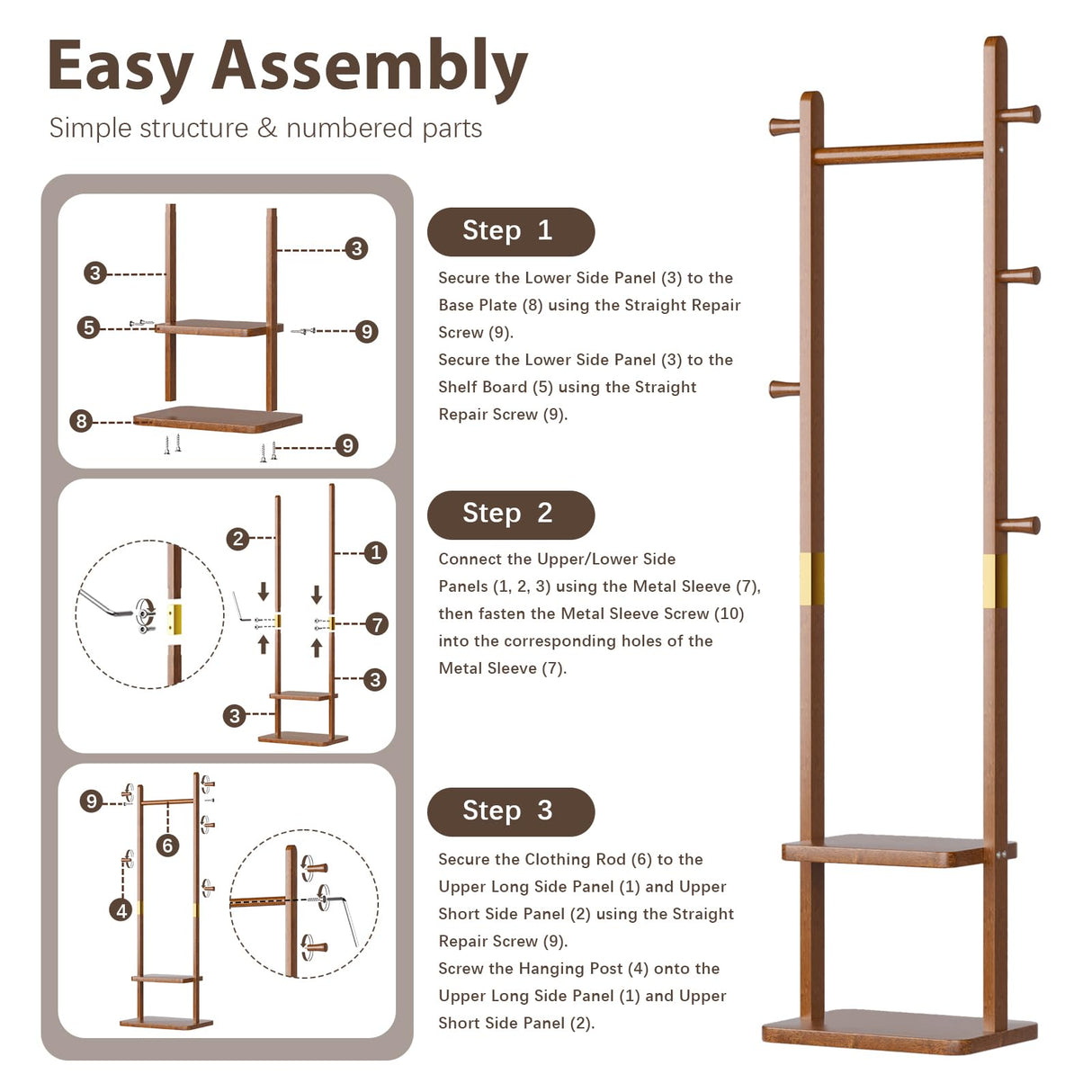 Taitiy Solid Wood Coat Rack Clothes Rack, Coat Rack Freestanding with 2 Shelves and 5 Hooks, Heavy Duty Coat Tree for Entryway, Living room, Coat Hanger Stand for Hats, Bags Clothes(Walnut Brown) Taitiy