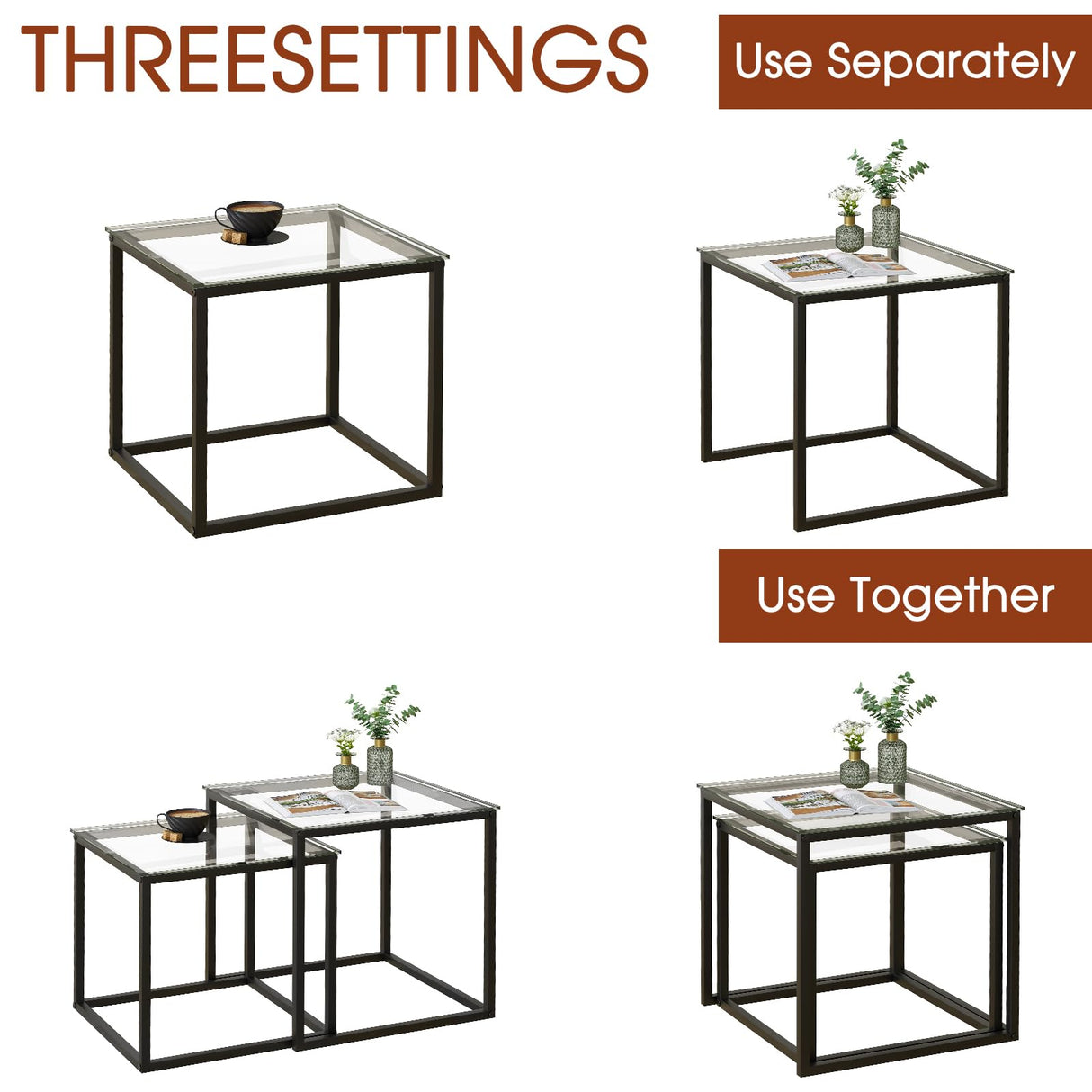 VILAWLENCE Coffee Table Set of 2, Modern Black Glass Side Table, Metal Frame Square End Table, Center Tables,Nesting Coffee Table for Living Room,Bedroom and Small Spaces VILAWLENCE