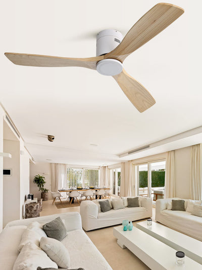 Sofucor 52'' Ceiling Fan no Light, Low Profile Ceiling Fan without Light, Flush Mount Ceiling Fan with Remote Control, Quiet Energy Saving with 6 Speeds, Timer, Light Wood Grain