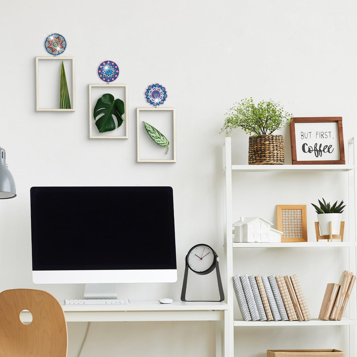 Saillong 24 Pcs Mandala Flower Diamond Painting Kit with Hooks Key Holder Adults Mandala Flower Art for Wall Decor DIY Decorations Diamond Art Painting Sticky Hooks for Towel Kitchen Decoration Saillong