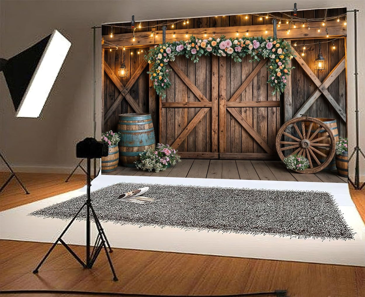 7x5ft Country Wedding Photography Backdrop Rustic Barn Door Photography Backdrop Farmhouse Pink Flower Cabin Wooden Birthday Baby Shower Wedding Bridal Party Banner Photo Booth Props Background Mtsxfy
