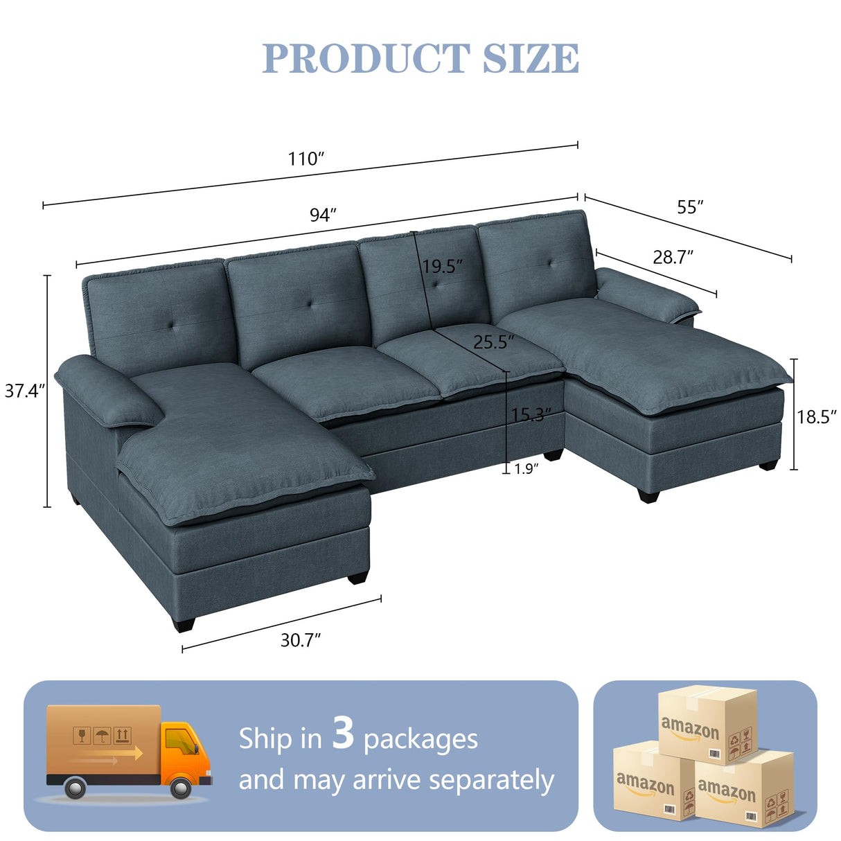 Shintenchi U Shaped Sectional Couch for Living Room,110" 4-Seater Comfy Couch with Double Chaise,Deep Seat Modular Sofa Couches with Thick Cushion & Soft Backrest,Dark Gray Shintenchi
