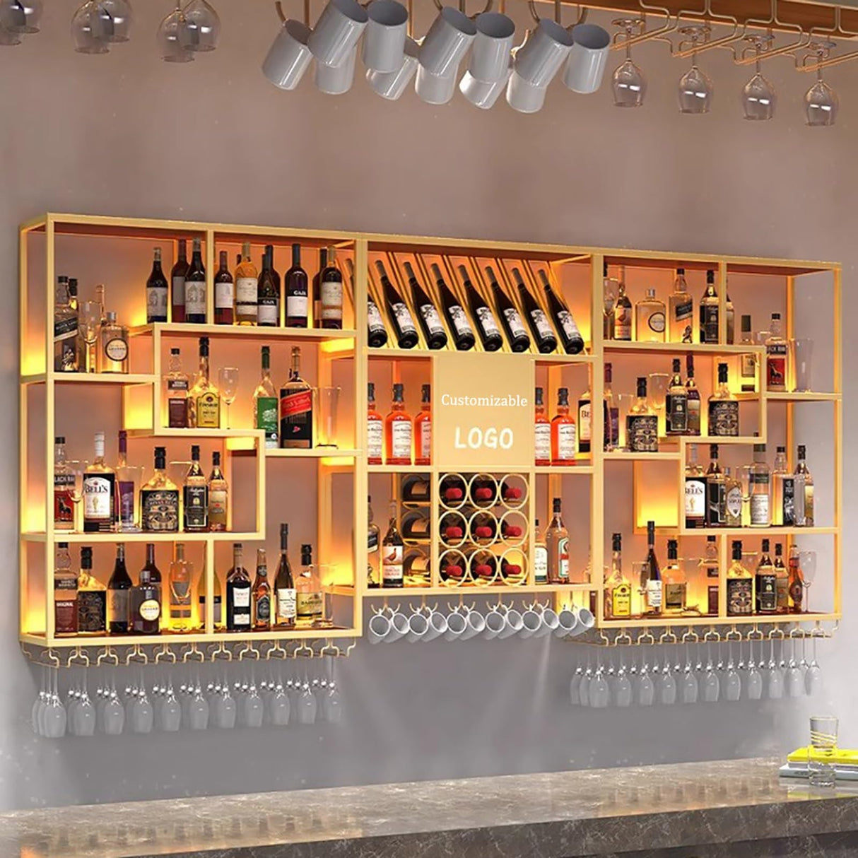 Metal Wine Rack Bar Shelves With LED Light Wall Mounted Kitchen Storage With Wine Glass Holder Liquor Shelf Large Floating Bar Liquor Bottle Whiskey Display Shelf for Kitchen Dining Room Bar Decoratio IRHIGBGX