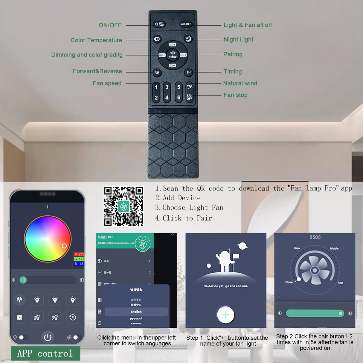 JSAITEE Ceiling Fan with Light, 48" RGB Low Profile Ceiling Fans with Lights and Remote Control, Dimmable, DC Reversible Motor, Noiseless, 6 Speeds Flush Mount Black Ceiling Fan for Bedroom JSAITEE