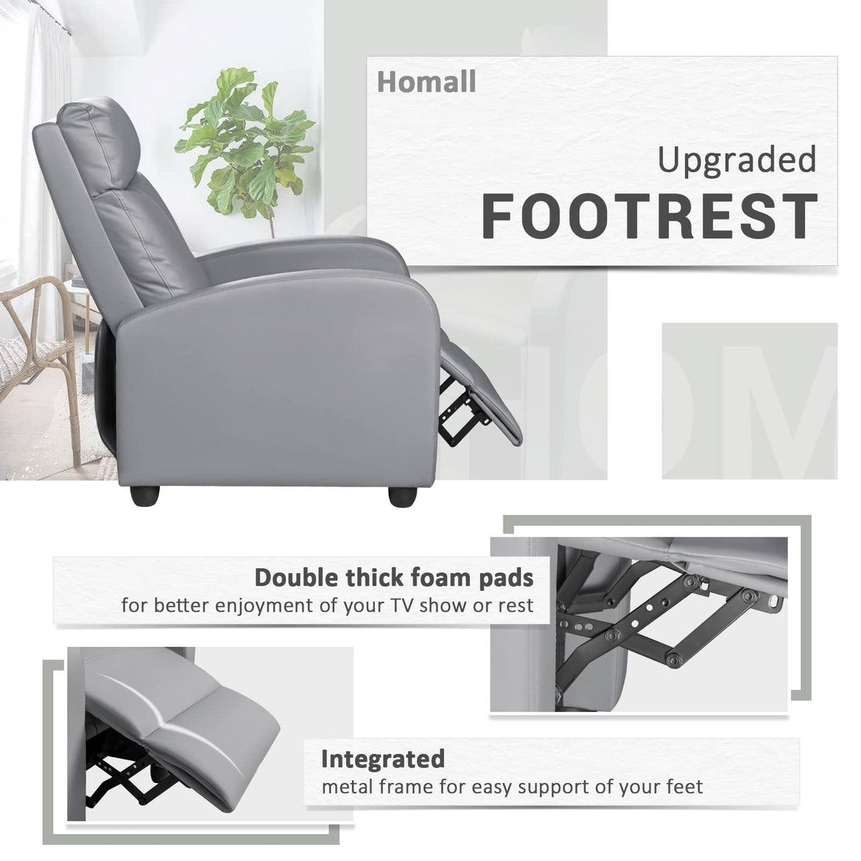 Homall Recliner Chair, Recliner Sofa for Adults, Recliners Home Theater Seating with Lumbar Support, Reclining Sofa Chair for Living Room (Leather, Grey) Homall