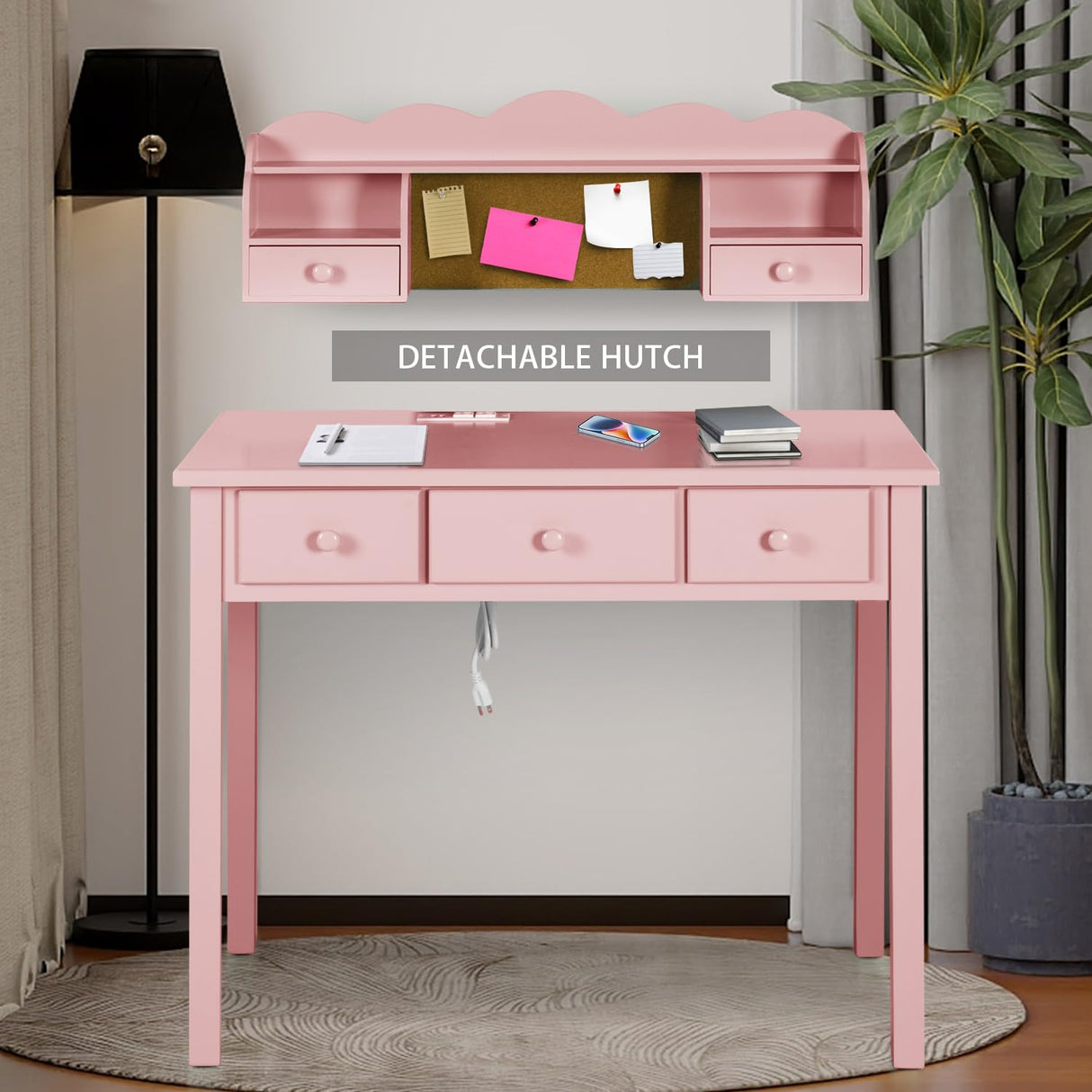 FUNKOCO Home Office Furniture Writing Desk,Computer Work Station with Detachable Hutch,5 Drawers(Pink) FUNKOCO