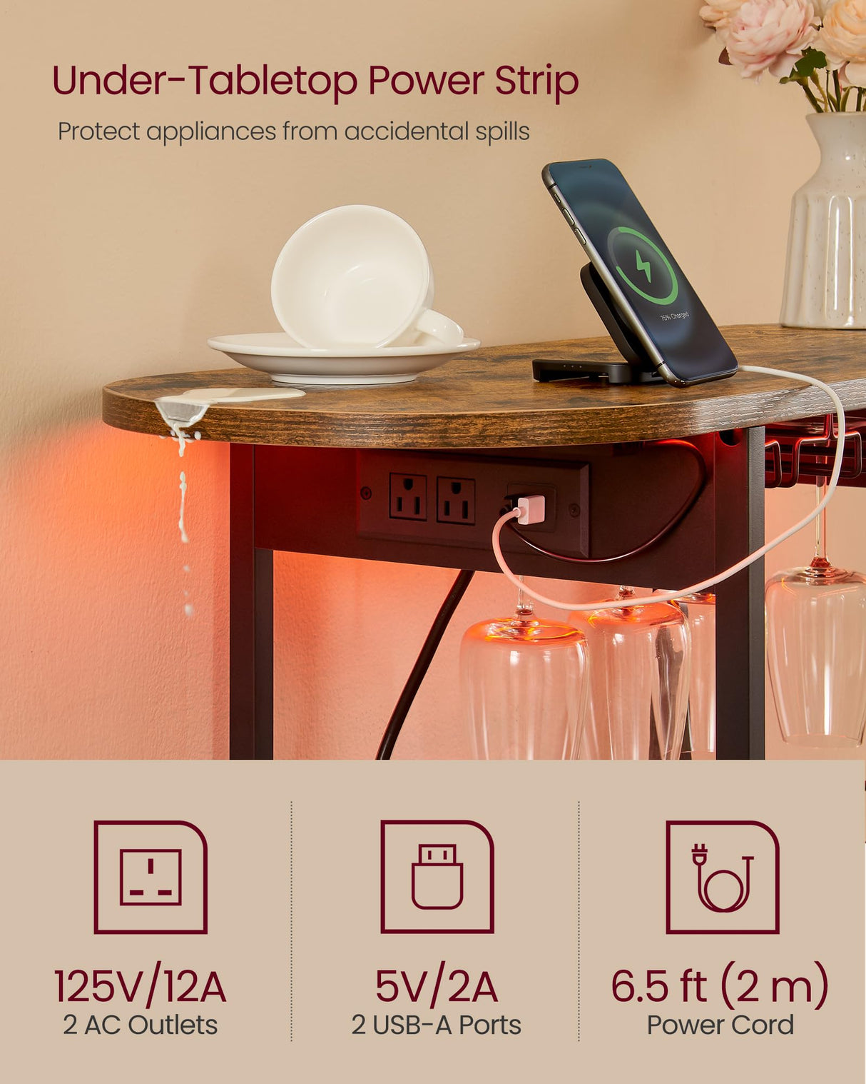 VASAGLE Bar Cabinets for Home, LED Coffee Bar with Power Outlets, Home Mini Bar for Liquor, Freestanding Wine Rack with Glass Holder, Kitchen, Dining Room, Rustic Brown ULWR007K01 VASAGLE