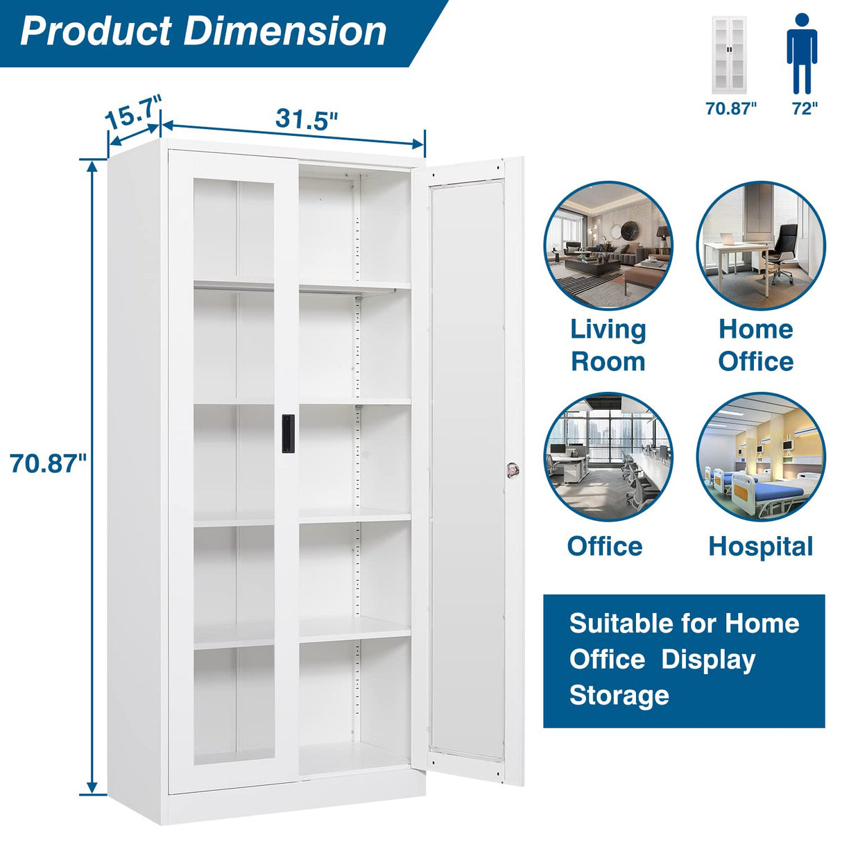 PEUKC Display Cabinet-71 Inches 4 Adjustable Shelves Curio Cabinets with Locking Glass Doors Display Case for Collectibles, Cosmetics, Hydroponics, Books (White,Assemble Required) PEUKC