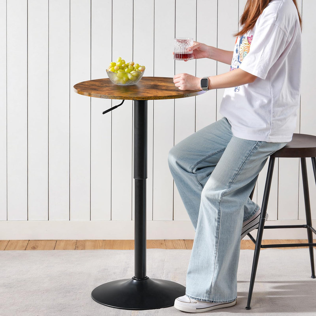 HOOBRO 2 Pcs Bar Table, Height-Adjustable Round Pub Table 27-35.4 Inches with Sturdy Base, Modern Style, Easy to Assemble, Suitable for Small Space, Rustic Brown and Black BF58BTP201G1 HOOBRO