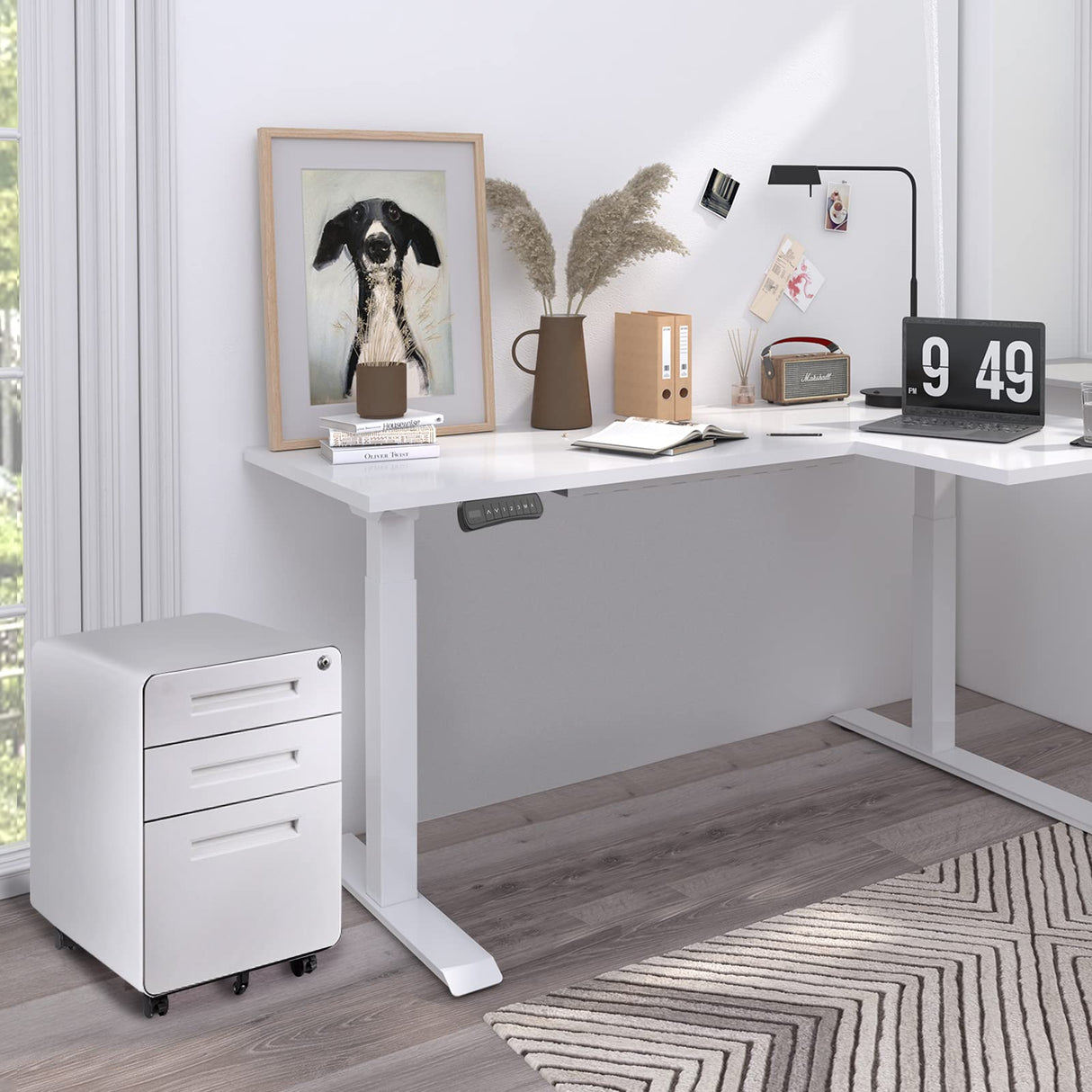 SANODESK Dual Motor L-Shaped Electric Standing Desk Height Adjustable Stand up Desk with 3 Drawer File Cabinet,63 x 40 Inches White Top/White Frame SANODESK