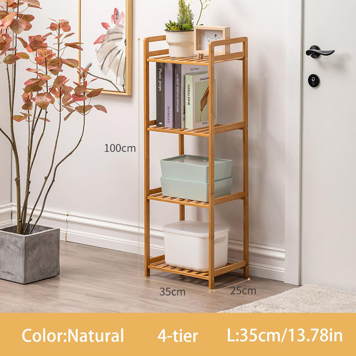 MCBAOB Bamboo Shelf, 4-Tier Bookcase Storage Shelves, Small Book Rack Shelving Unit, Multipurpose Storage Display Shelf for Bathroom Kitchen Living Room Office, 25W x 35D x 100H (4-Tier Natural) MCBAOB
