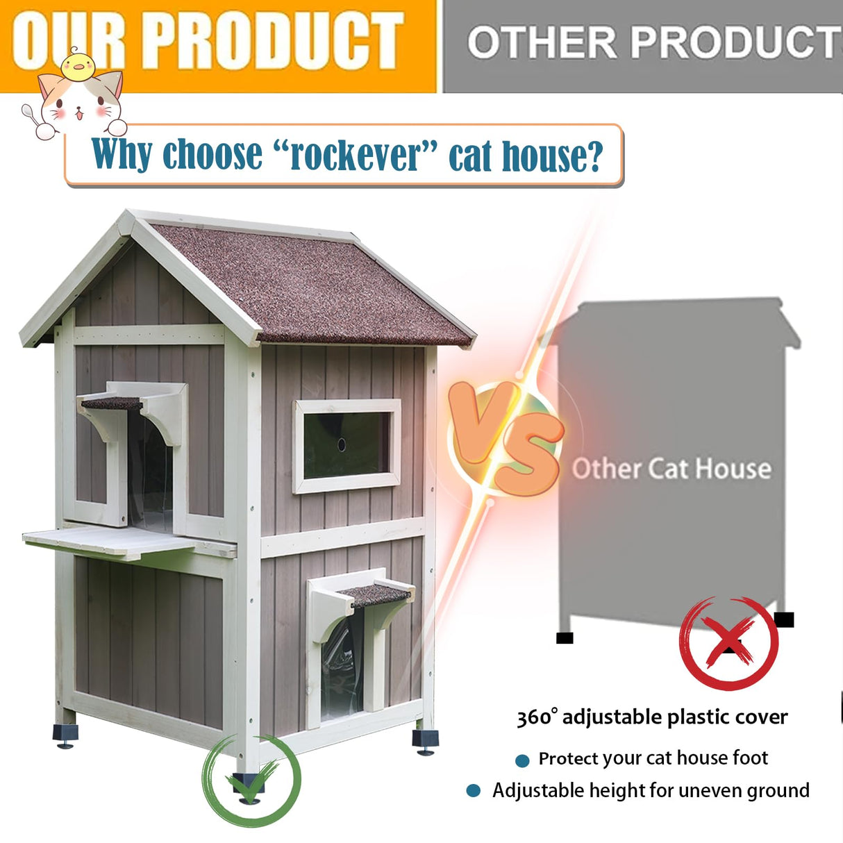 Rockever Outdoor Cat House, 2 Story Outdoor Houses for Feral Cats Wooden Outside Cat Shelter Weatherproof with Escape Door Rockever