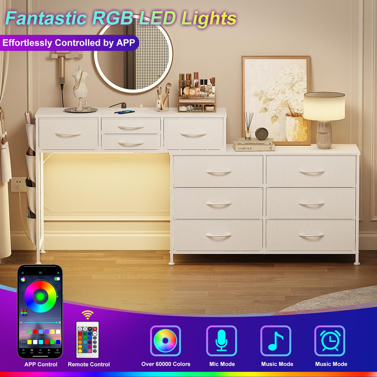 REAHOME Dresser for Bedroom with Charging Station and LED Light, 67" Rotatable Vanity Desk with LED Light and Side Pockets, Makeup Table with 10 Fabric Drawers, Modern Home Office Desks, White REAHOME