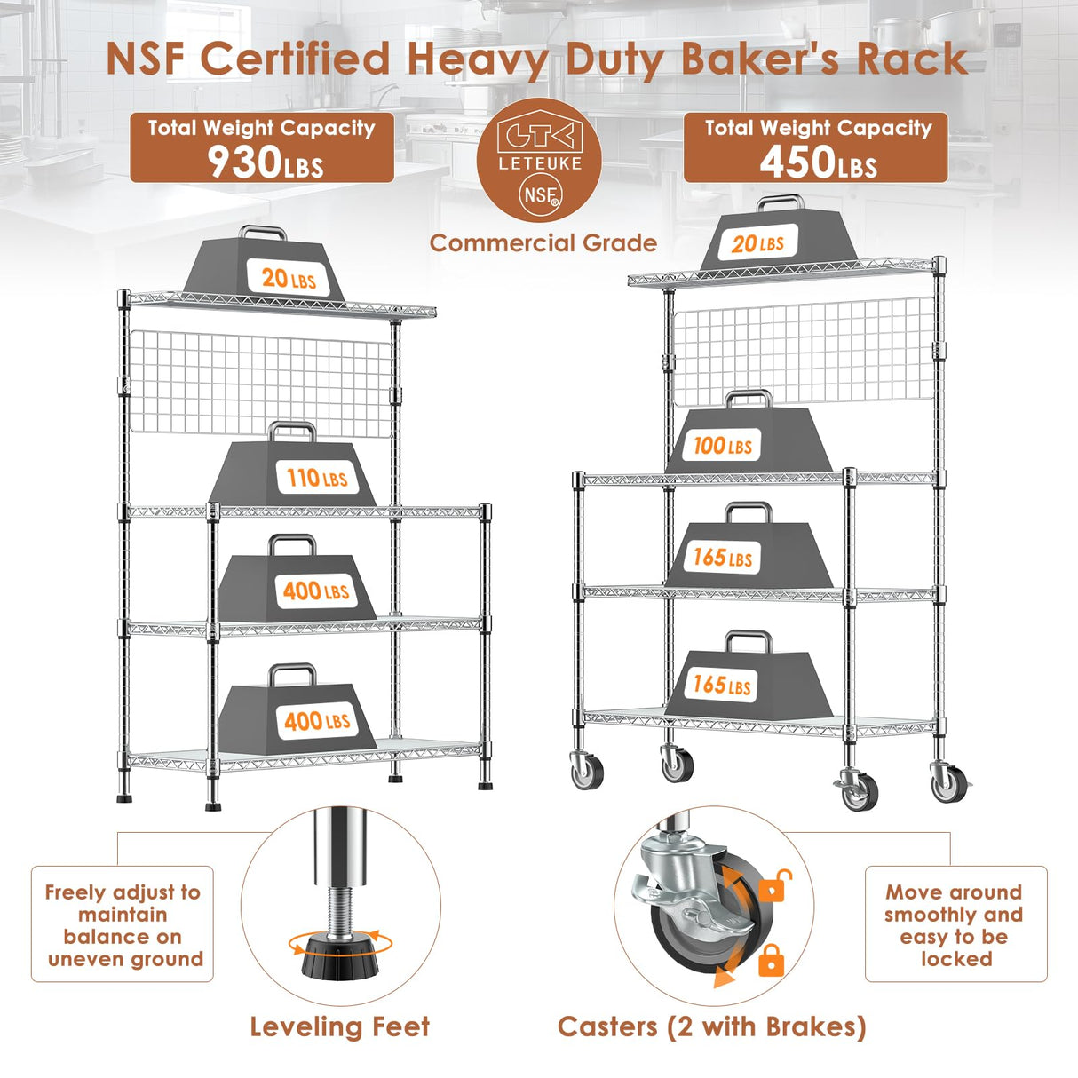 Leteuke Bakers Rack with Storage & Wheels, 42 Inch Microwave Stand Kitchen Shelves, 4-Tier Heavy Duty Storage Rack with 20 S-Hooks, Commercial Metal Utility Kitchen Cart, 42× 18× 63 Inch, Chrome Leteuke