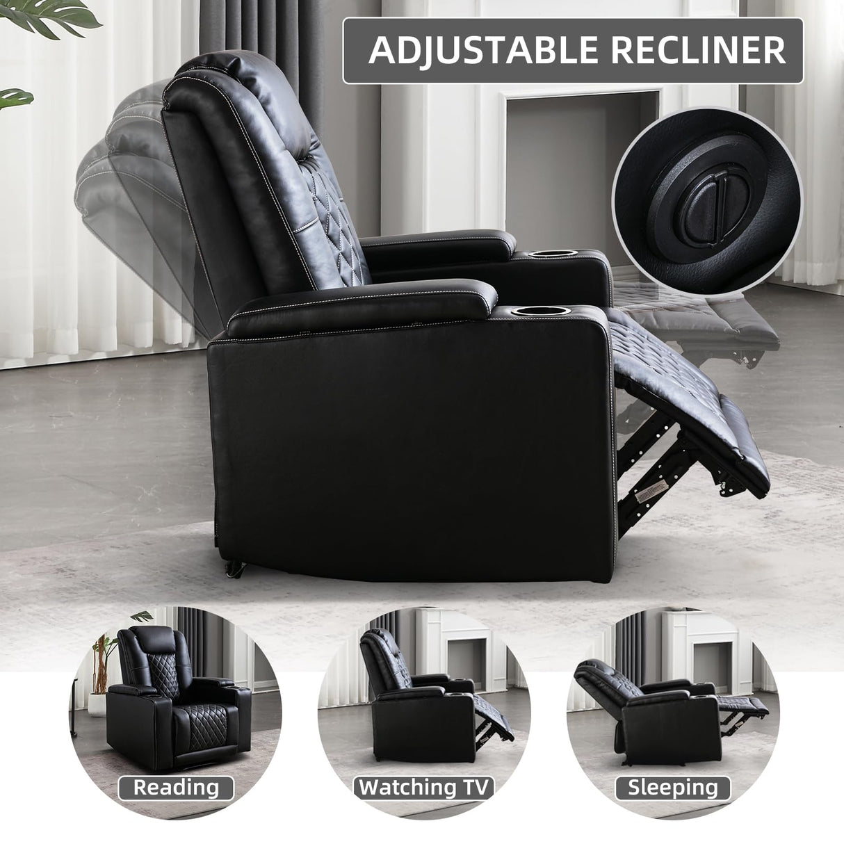 Modern Power Recliner Chair with Cup Holder Faux Leather Electric Reclining Chairs for Adults Movie Theater Chairs, Black Phoenix Home