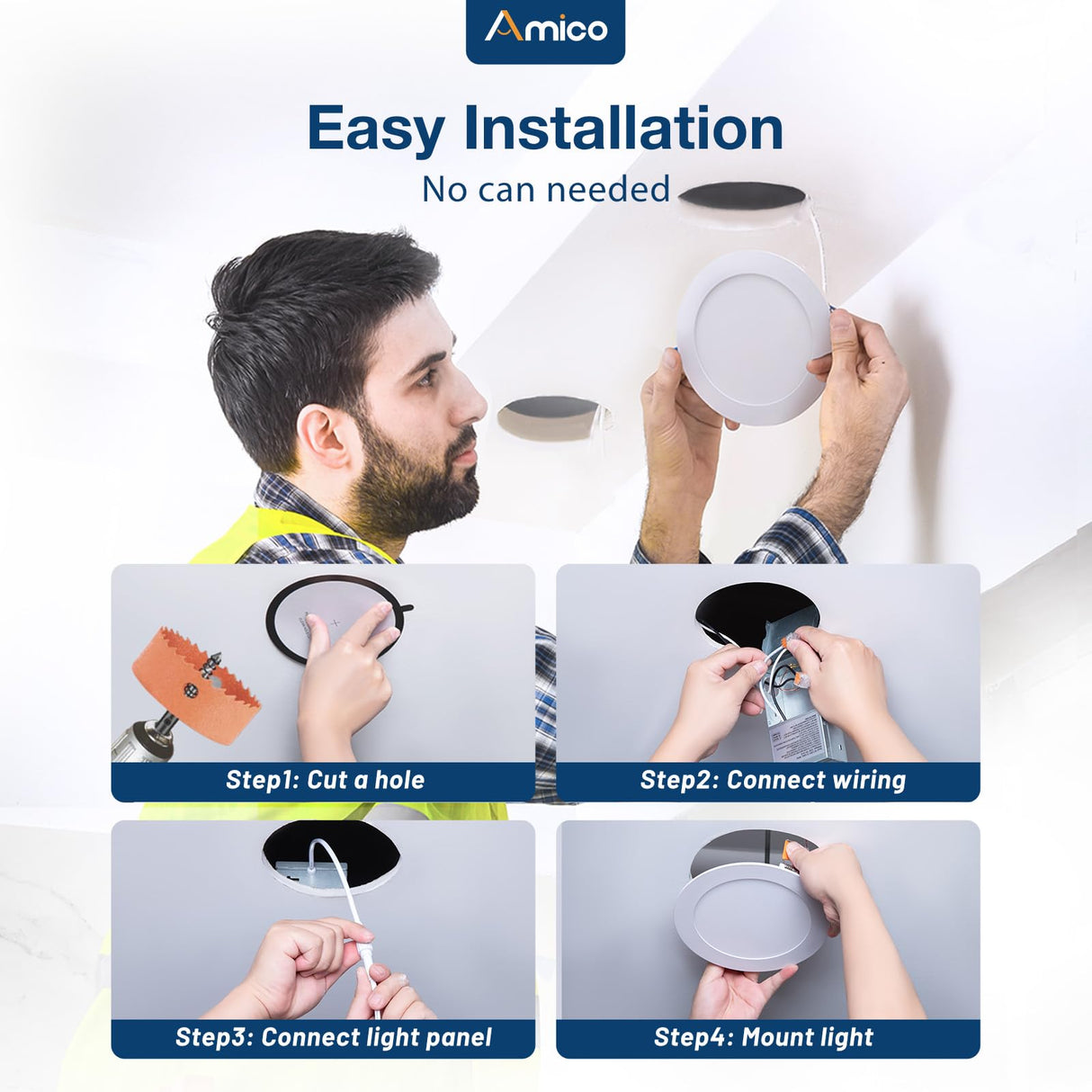 Amico 12 Pack 6 Inch 5CCT Ultra-Thin LED Recessed Ceiling Light with Junction Box, 1050LM Brightness, Dimmable Canless Wafer Downlight, 12W, ETL&FCC Amico