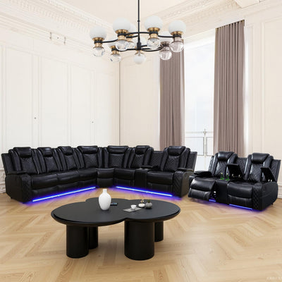 SIENWIEY Power Reclinier Sectional Sofa Set,Black Leather Reclining Sectional Modular Sofa Set with Loveseat,L Shaped Leather Couch with LED Light for Living Room/House/Apartment/Lounge(L+Loveseat)