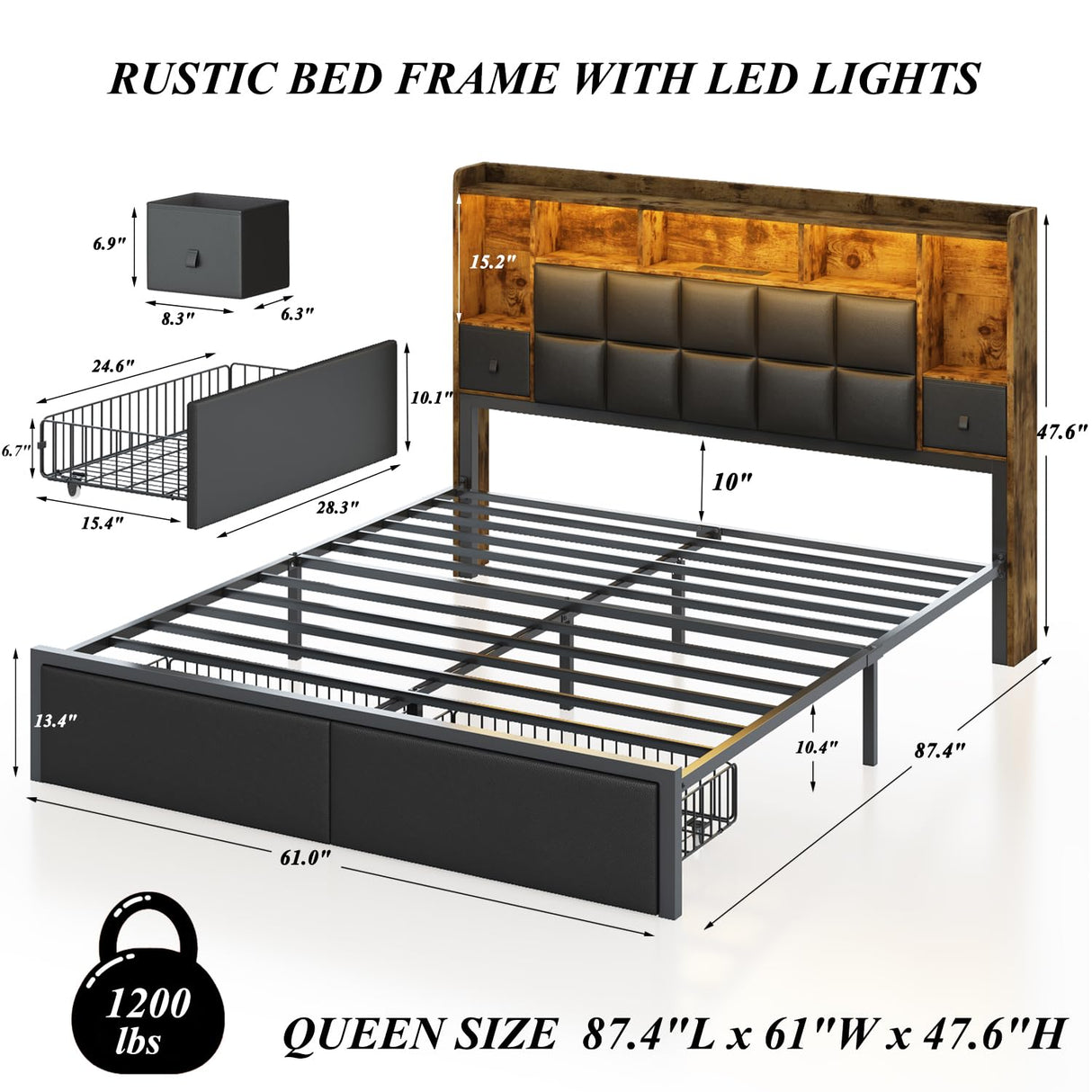 TIGUBFRE LED Bed Frame Queen Size with 2 Hidden Storage Drawers & Bookcase, PU Leather Headboard, Upholstered Platform Bed with Charging Station, Metal Slats Support, Noise Free, No Box Spring Needed TIGUBFRE
