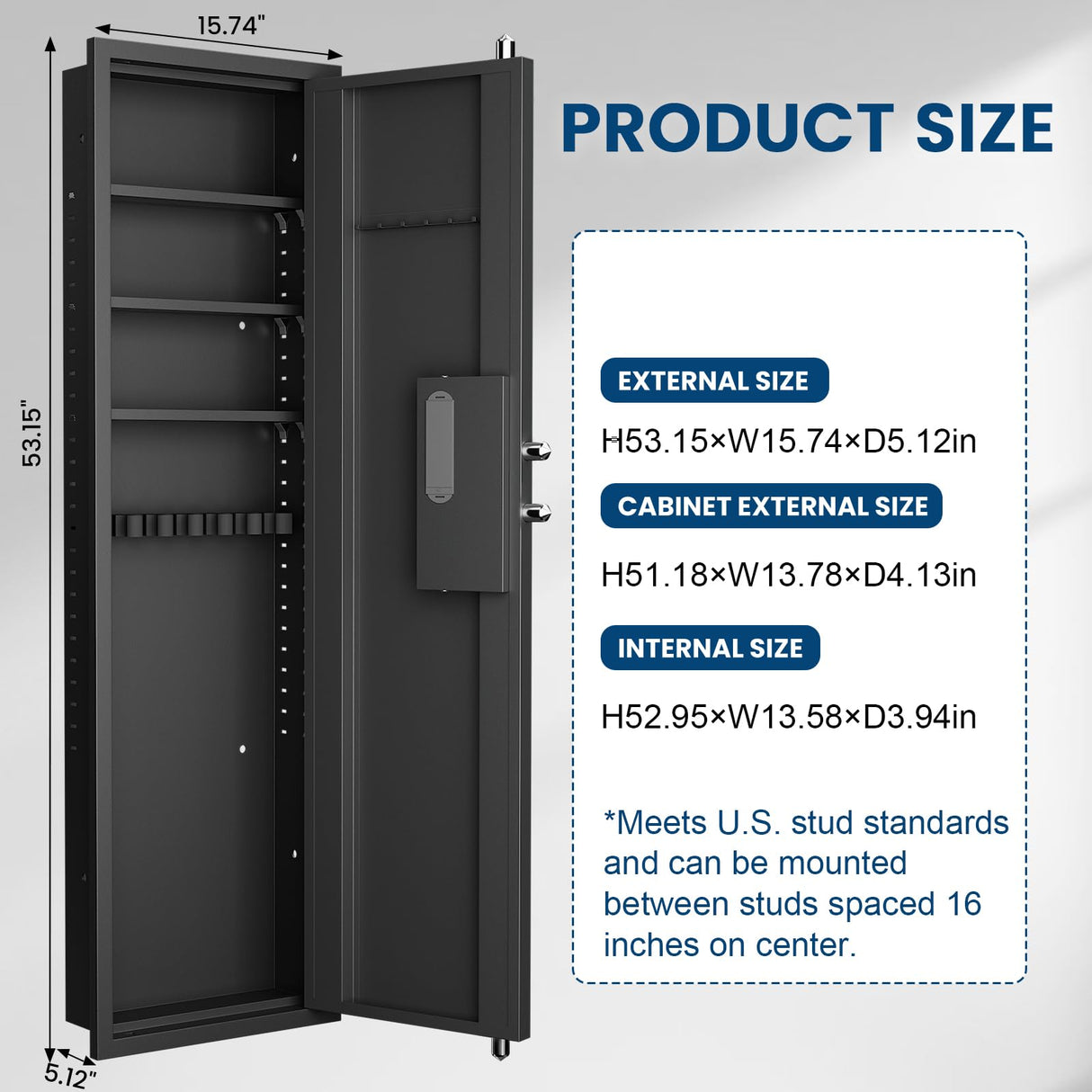 53.15" Tall Wall Safe Between the Studs 16" Centers, Hidden Wall Safes With Removable shelfs and Adjustable Gun Rack, Biometric Wall Gun Safe for Home Rifle, Cash, Jewelry, Documents - Black ZenithZest