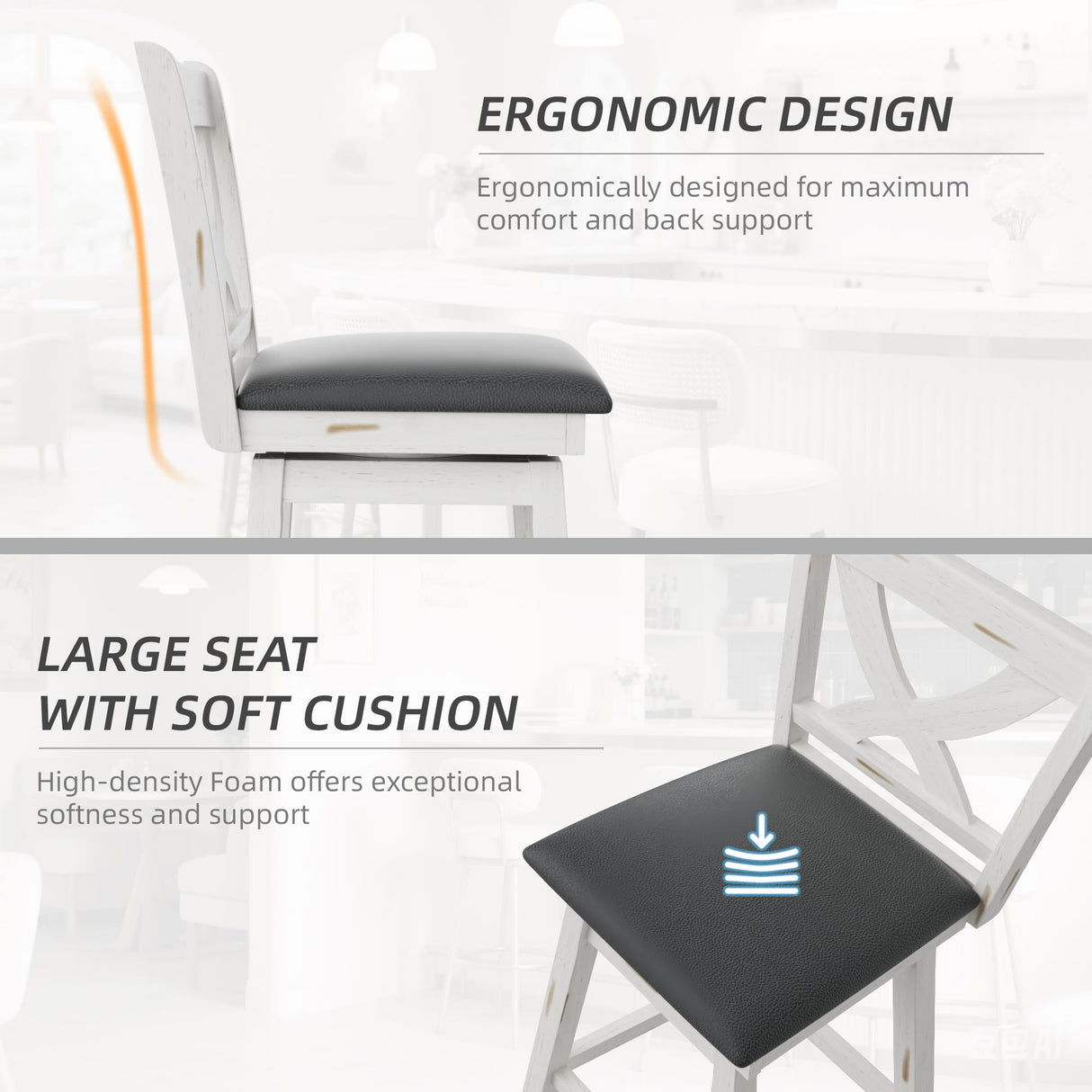 Swivel Bar Stools Set of 2, Swivel Barstools with Solid Footrest & Faux Leather Upholstered Seat, Island Chairs with Back for Kitchen, Dining Room (Antique White) (24-inch) Buytime