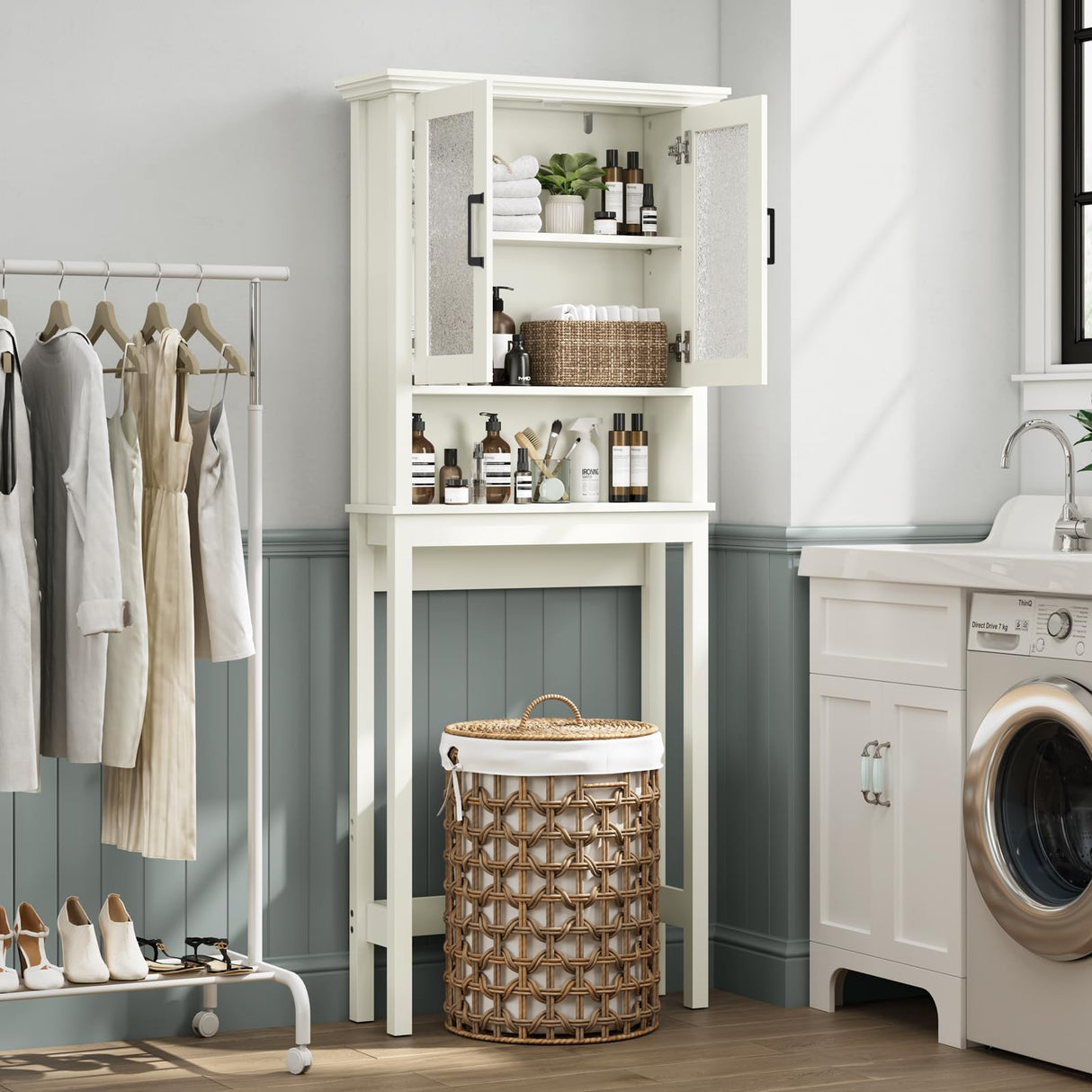 Baztin Over The Toilet Storage Cabinet, Over Toilet Bathroom Organizer with Doors and Adjustable Shelf, Thicken Frame Above Toilet Storage Cabinet Behind Toilet Bathroom Organizer, Cream White Baztin