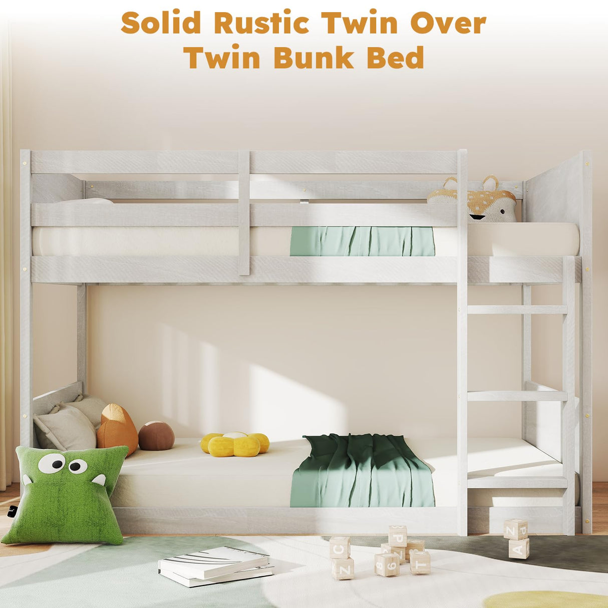 Zevemomo Low Twin Over Twin Bunk Bed, Solid Rubberwood Bed Frame with Built-in Ladder, Floor Bunk Bed, Wooden Bed for Small Spaces, Bedroom, Space Saving, No Box Spring Needed, White Zevemomo