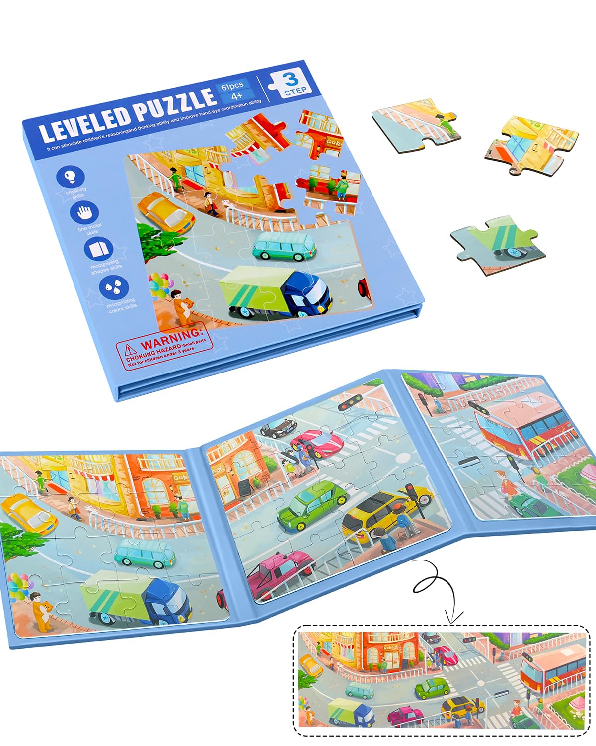 Magnetic Puzzles for Kids Ages 4-8, 3 in 1 Magnet Jigsaw Puzzle Book, Kids Travel Puzzles Car Road Trip Activities Toys, Learning Magnet for Road Trip (Transportation) Unistylar