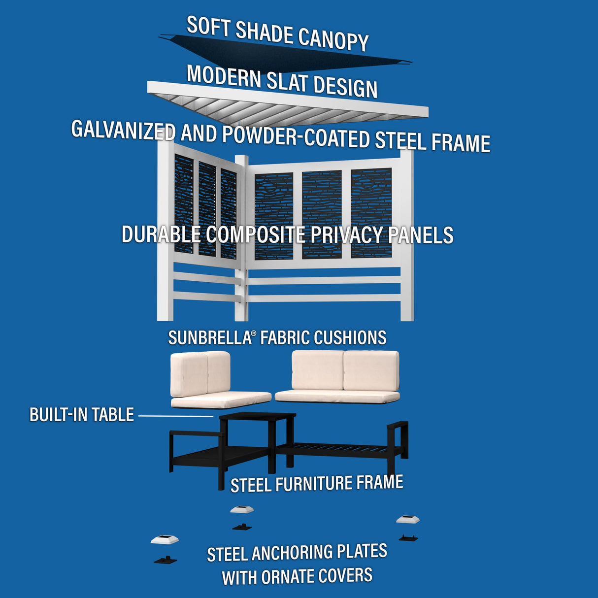Backyard Discovery Ridgedale Modern Steel Cabana Pergola with Conversation Seating in Pumice Backyard Discovery
