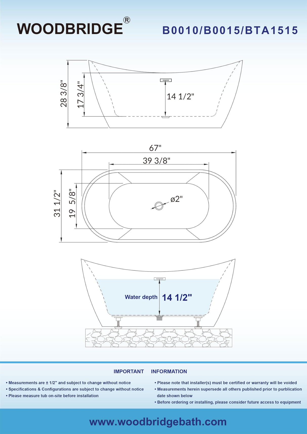 WOODBRIDGE 67" Acrylic Freestanding Bathtub Contemporary Soaking Tub with Brushed Nickel Overflow Overflow and Drain,White,B0010-BN WOODBRIDGE